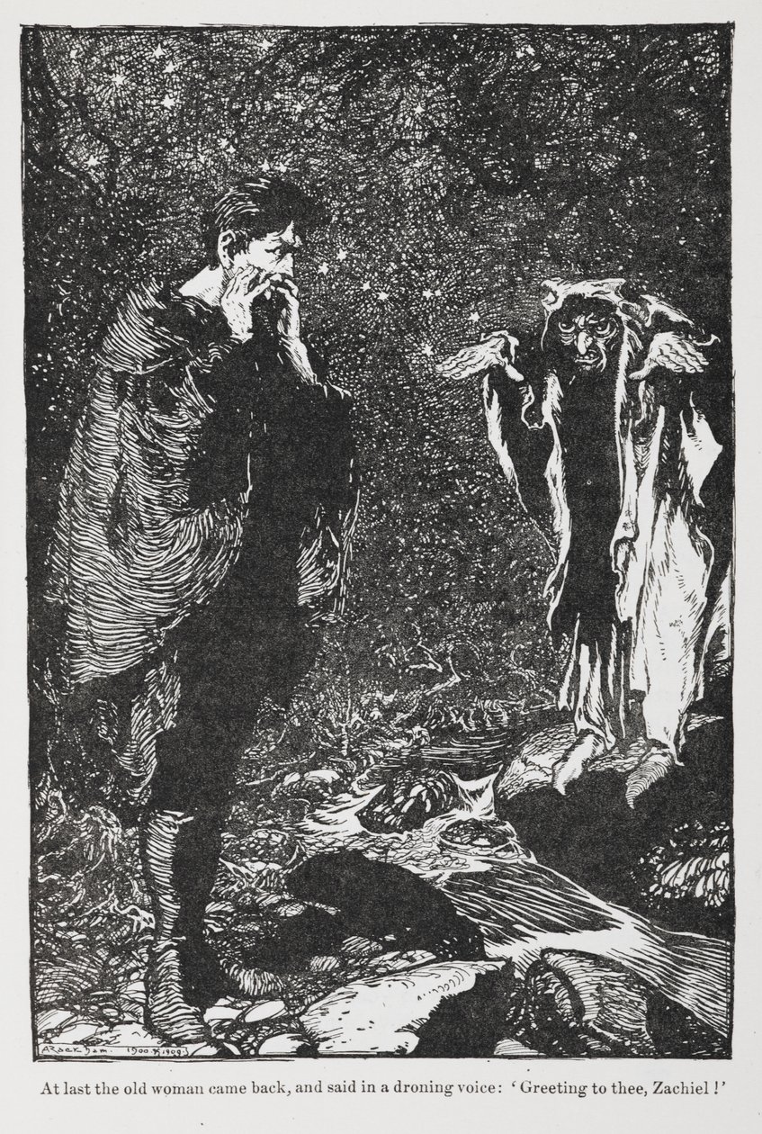 Kuvitus Jorindasta ja Joringelistä Zachielista ja vanhasta naisesta. tekijältä Arthur Rackham