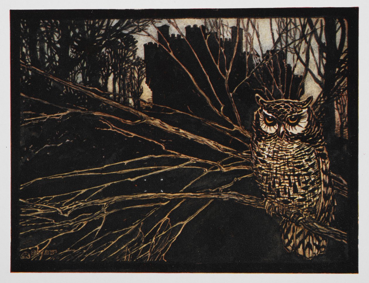 Jorindan ja Joringelin kuvitus kirppuvasta pöllöstä. tekijältä Arthur Rackham