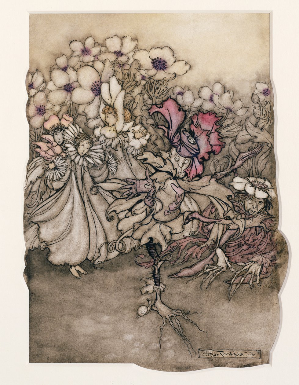 Kuvitus Peter Panista Kensington Gardensissa, J. M. Barrie (1860-1937) 1906 (kynä ja muste wc:llä paperilla) tekijältä Arthur Rackham