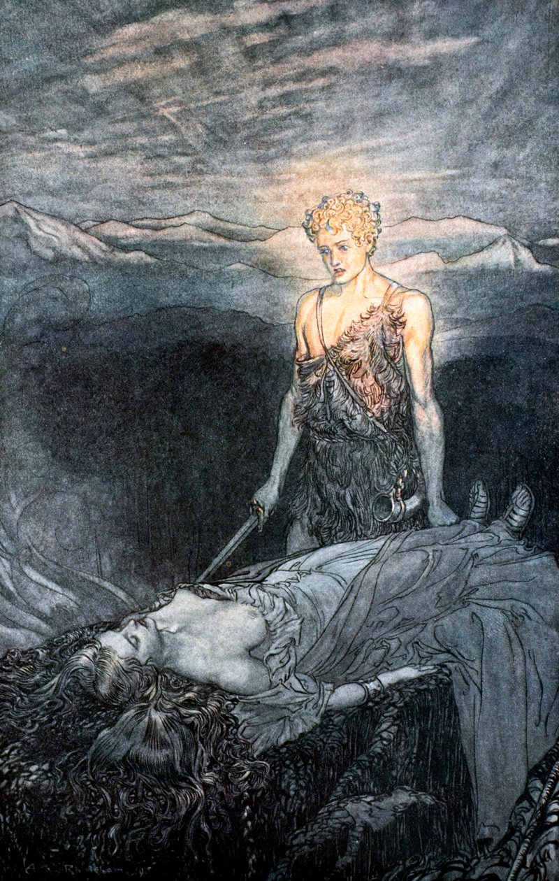 Kuvitus Siegfriedistä ja jumalien hämärästä, 1924. tekijältä Arthur Rackham