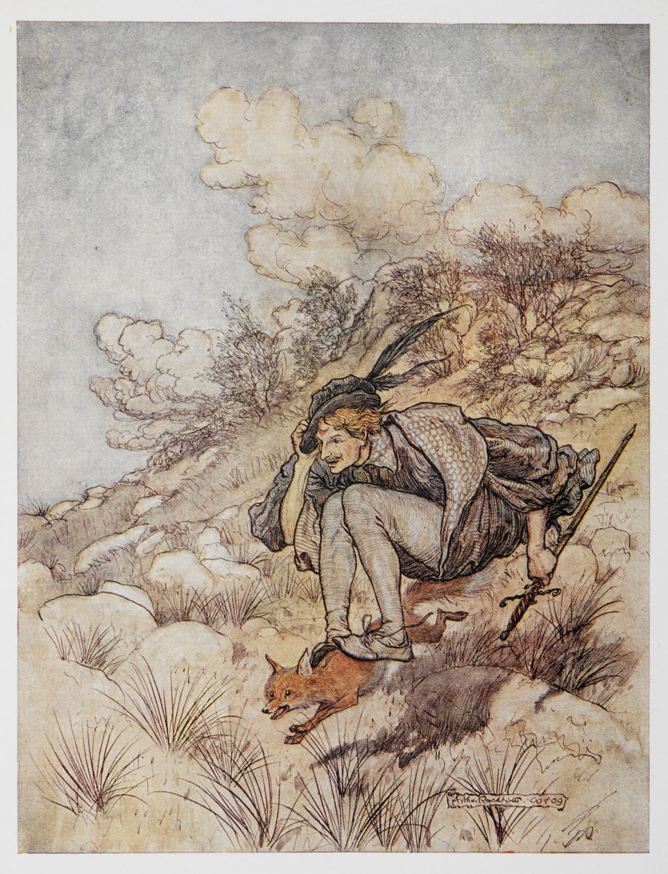 Kuvitus Kultaisesta linnusta. Prinssi ratsastaa ketun selässä. tekijältä Arthur Rackham