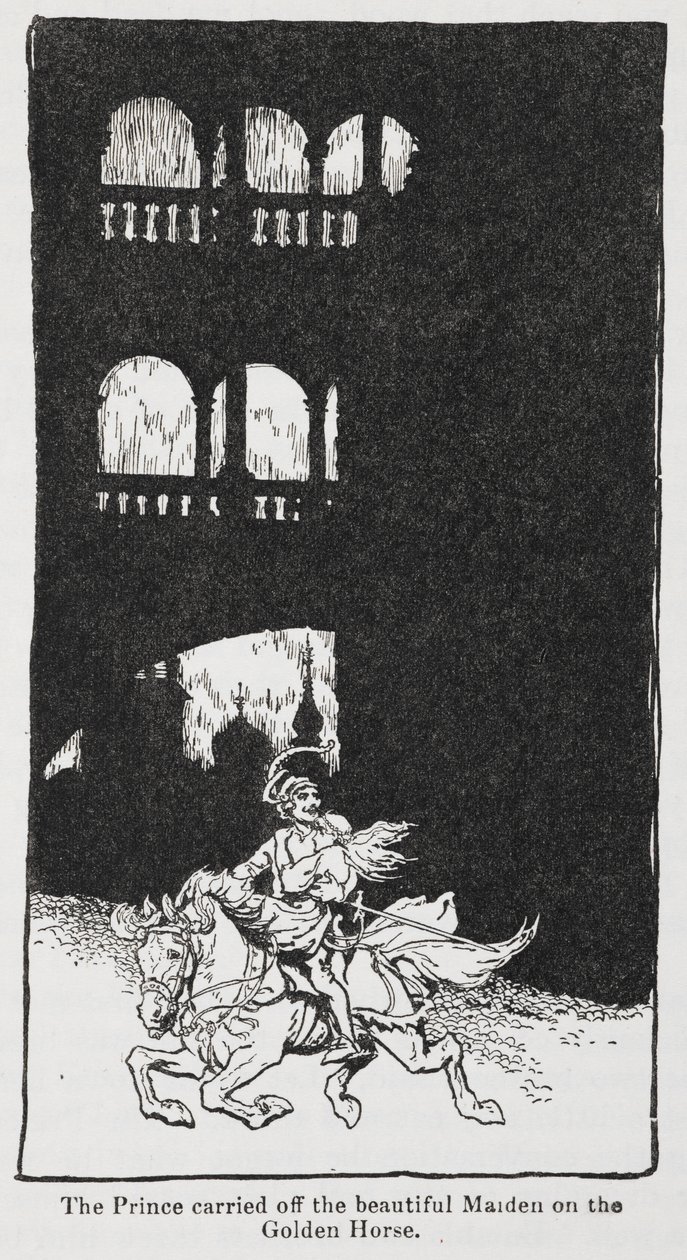 Kuvitus Kultaisesta linnusta, kun prinssi kantaa neiton hevosen selässä. tekijältä Arthur Rackham