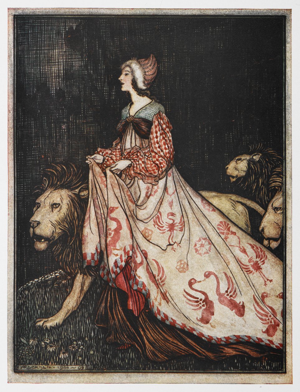 Kuvitus elokuvasta The Lady and the Lion. tekijältä Arthur Rackham