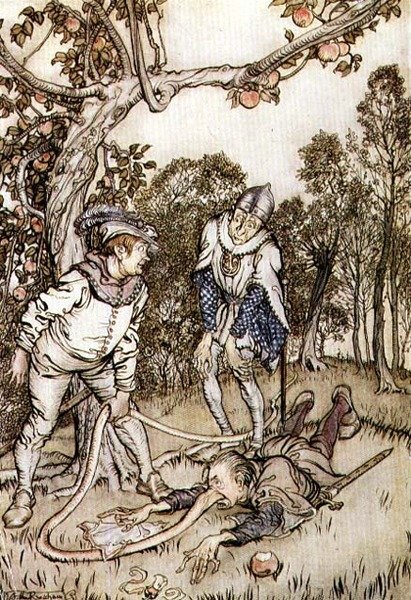 Kuvitus "Nenäpuusta" julkaisusta Fairy Tales of the Brothers Grimm tekijältä Arthur Rackham