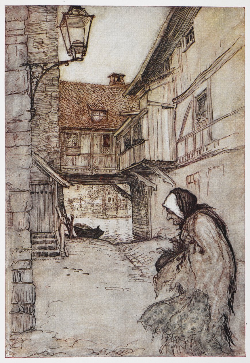 Kuvitus oljesta, hiilistä ja papusta. tekijältä Arthur Rackham
