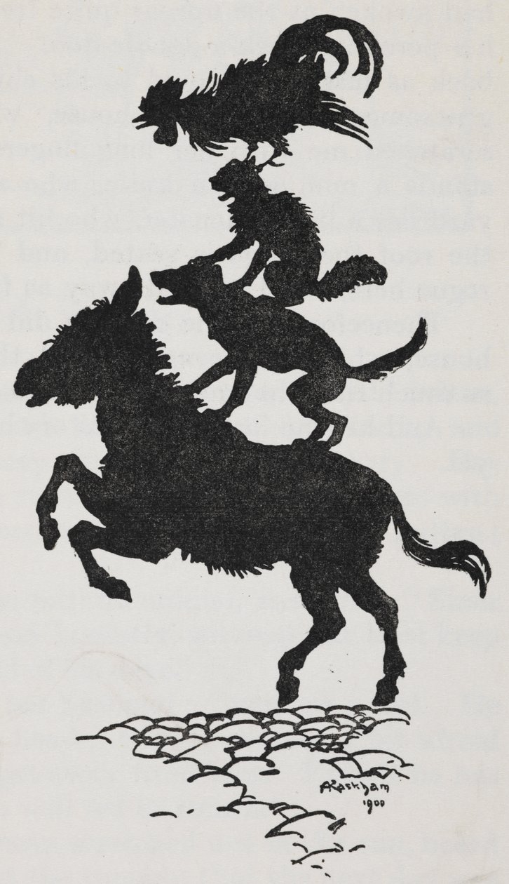 Kuvitus Bremenin kaupungin muusikoista perseestä, koirasta, kissasta ja kukosta. tekijältä Arthur Rackham