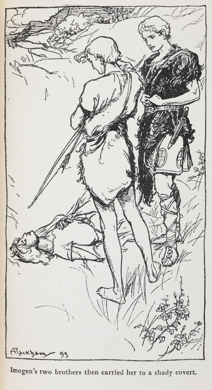 Kuva Imogenistä ja hänen veljistään Cymbelinesta. tekijältä Arthur Rackham