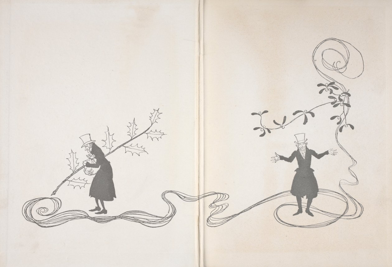 Kuva Scrooge. Toisella puolella häntä kuvaa hollyn oksa, joka puristaa rahapussia ja näyttää vihaiselta. Toisaalta hänet on kuvattu onnellisen näköisenä mistelinoksalla. tekijältä Arthur Rackham