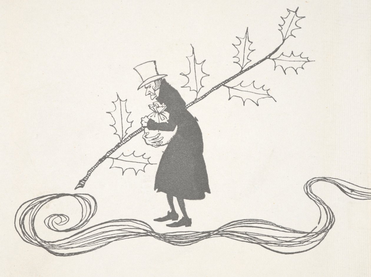 Kuva Scroogesta, jota kuvaa hollyn oksa, puristamassa rahapussia ja näyttäen vihaiselta. tekijältä Arthur Rackham