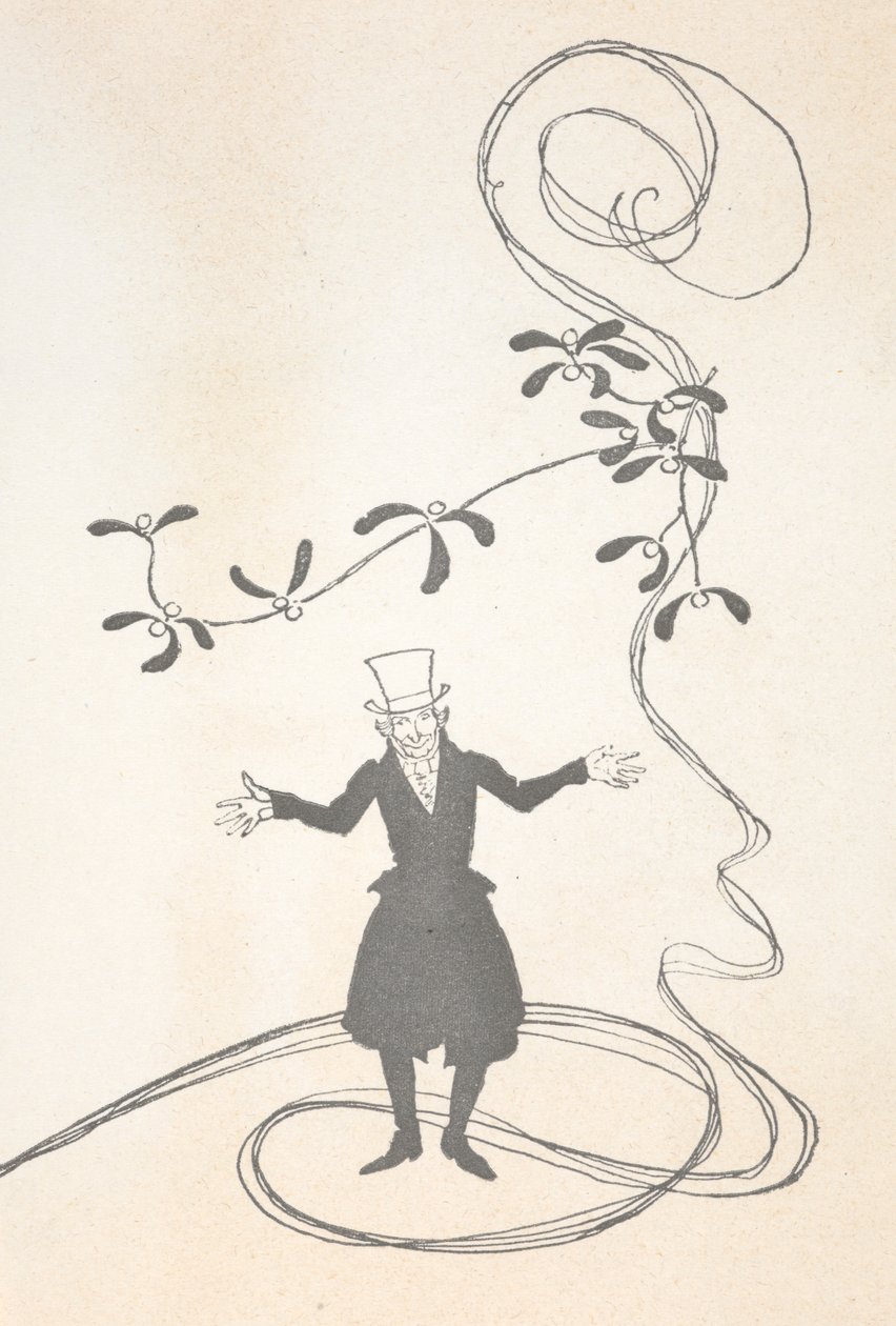Kuva Scroogesta, jossa on onnellisen näköinen mistelin oksa. tekijältä Arthur Rackham