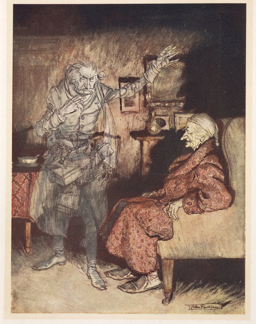Kuva Scroogesta menneisyyden joulun haamulla tekijältä Arthur Rackham