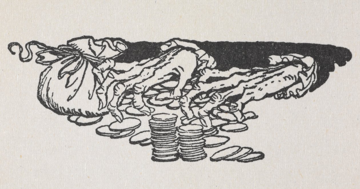 Kuva Scroogen käsistä, jotka laskevat rahaa tekijältä Arthur Rackham