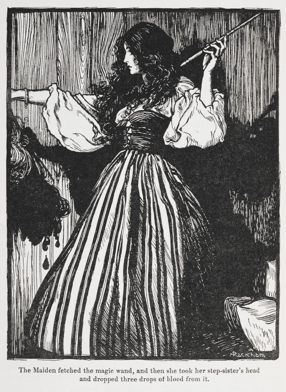 Kuva Sweetheart Rolandin tytöstä raidallisessa mekossa. tekijältä Arthur Rackham