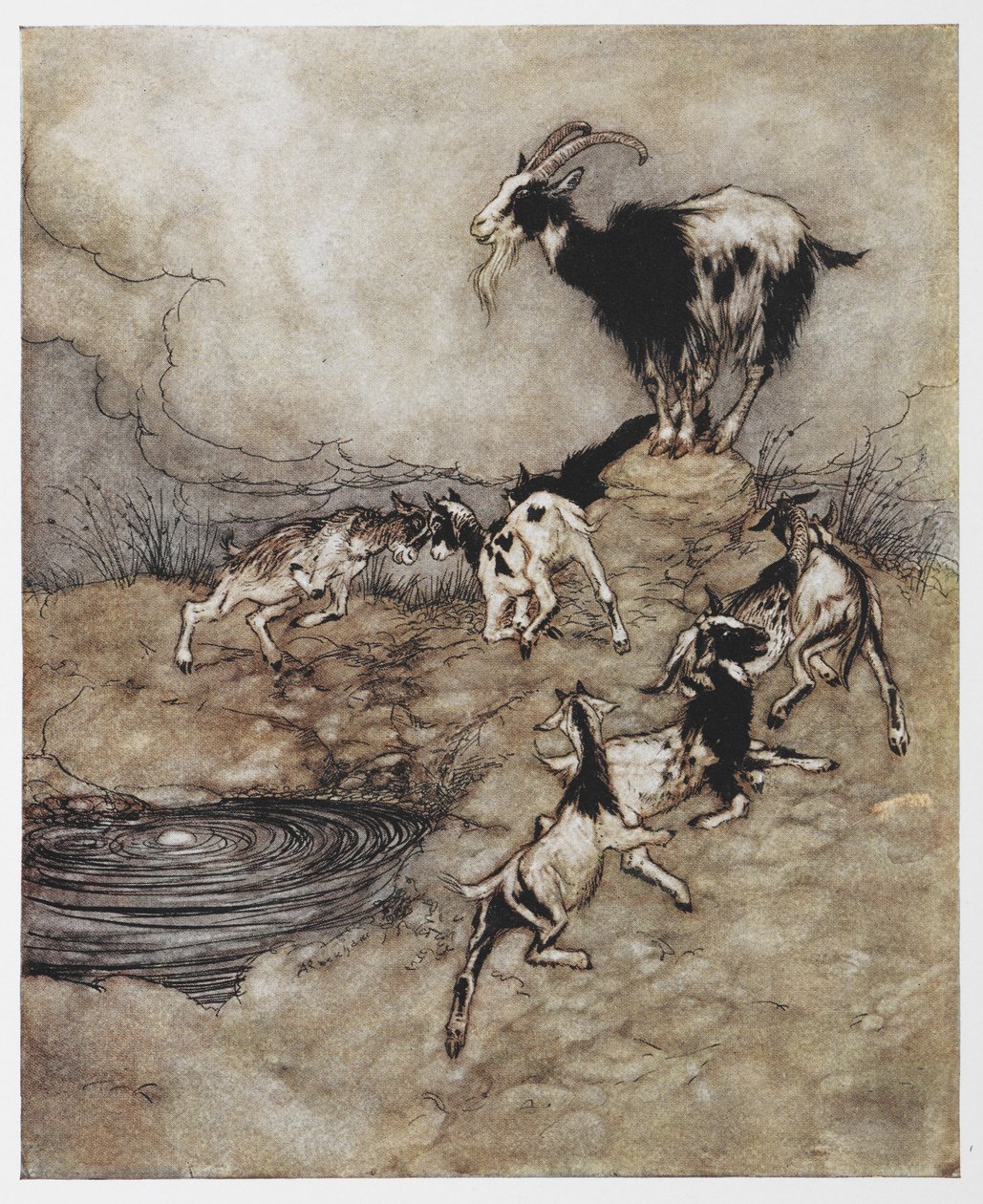 Kuva vuohen ja hänen pienistä lapsistaan leikkimässä The Wolf and the Seven Kids -elokuvasta. tekijältä Arthur Rackham