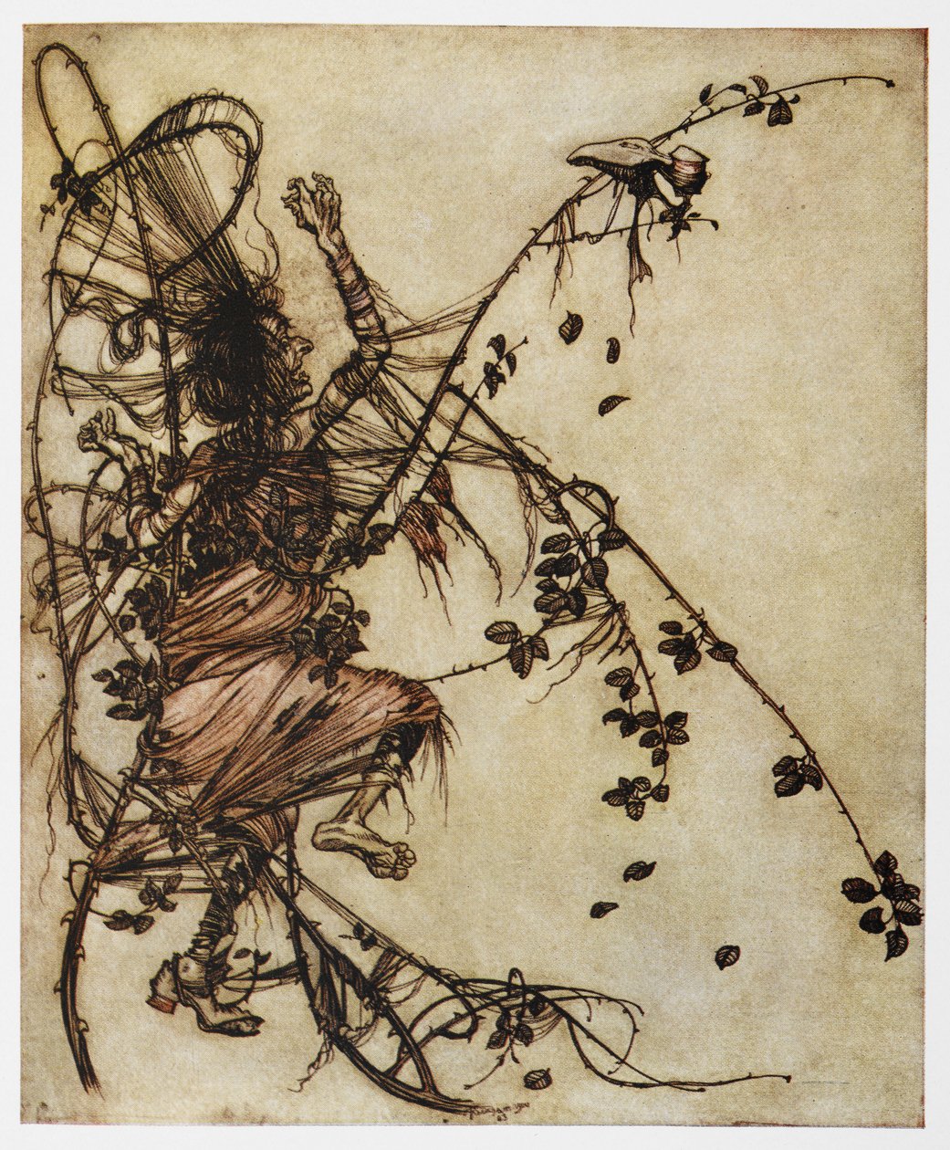 Kuvitus miehestä, joka on loukussa orjantappuroihin Sweetheart Rolandilta. tekijältä Arthur Rackham