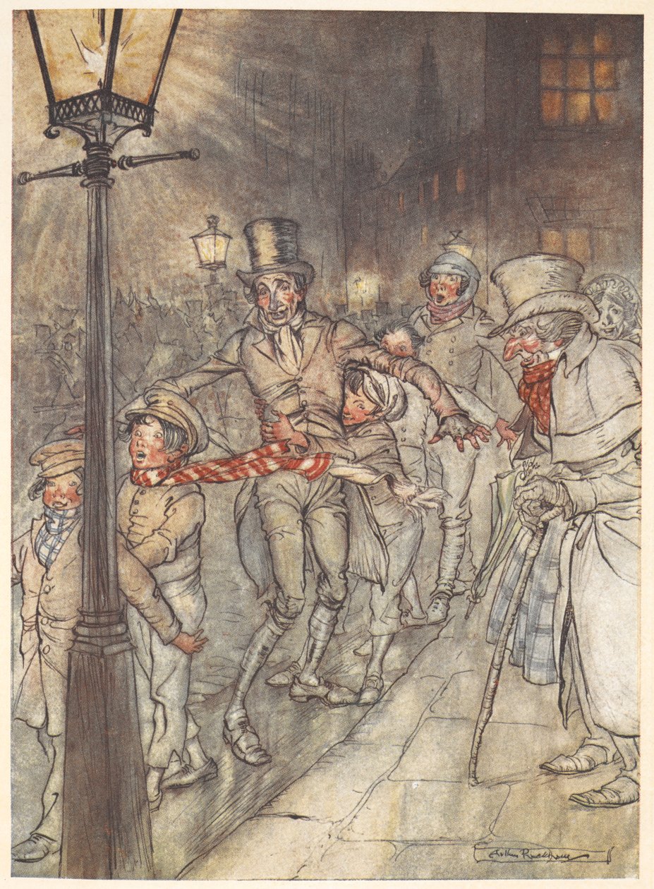 Ilustração de uma cena de rua na véspera de Natal com Bob Cratchit e children.finnish tekijältä Arthur Rackham