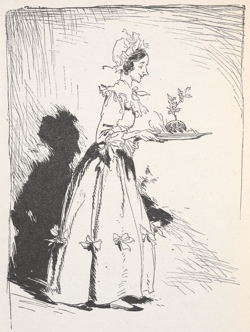 Kuva naisesta, joka kantaa jouluvanukkaa tekijältä Arthur Rackham