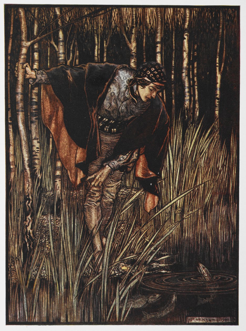 Kuva nuoresta lammen rannalla Valkoisesta käärmeestä. tekijältä Arthur Rackham