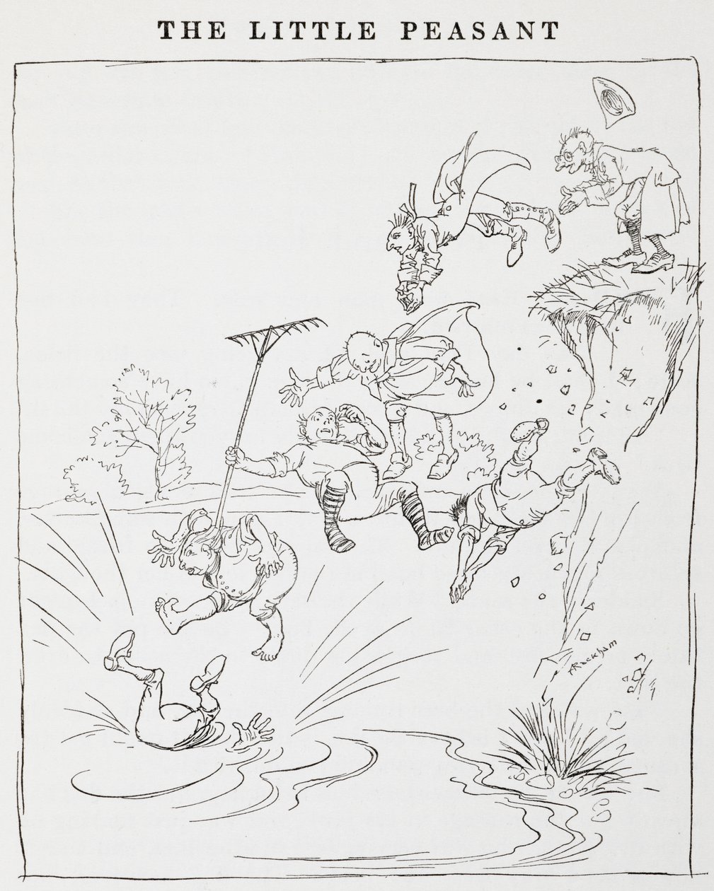 Kuva miehistä hyppäämässä kalliolta lampeen Pikkutalonpoikiasta. tekijältä Arthur Rackham