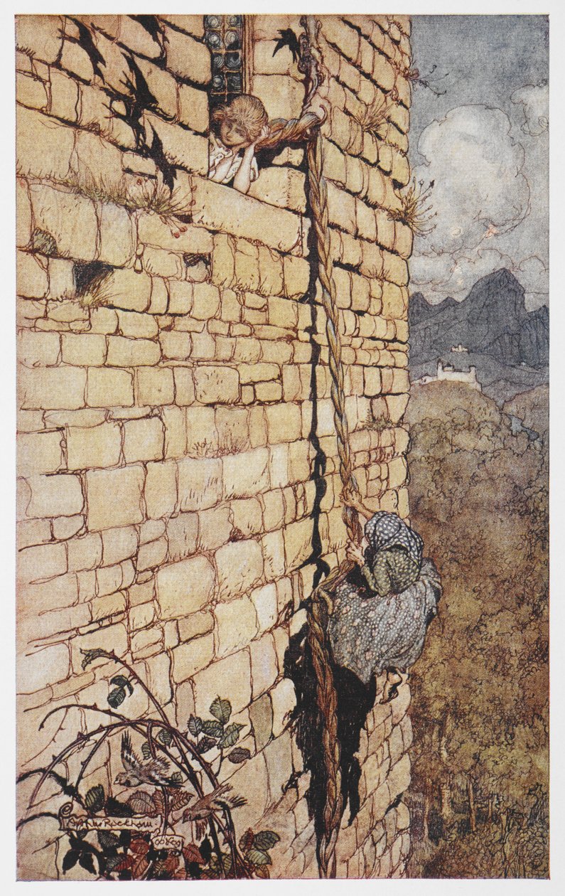 Ilustração da bruxa subindo no cabelo de Rapunzel. finnish tekijältä Arthur Rackham