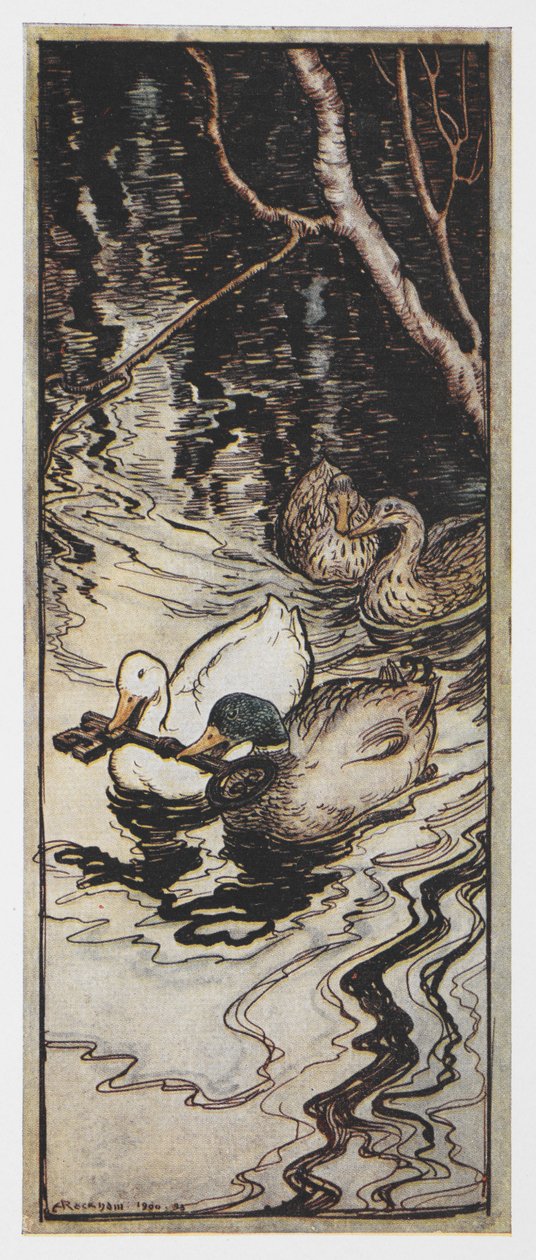 Kuva kahdesta ankasta, jotka kantavat avainta The Queen Been. tekijältä Arthur Rackham