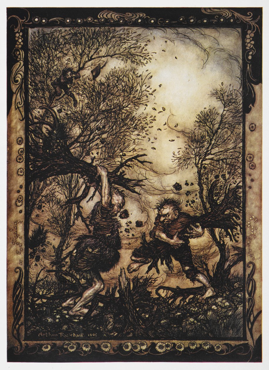Kuva kahdesta jättiläisestä taistelemassa puiden kanssa The Valiant Tailorista. tekijältä Arthur Rackham