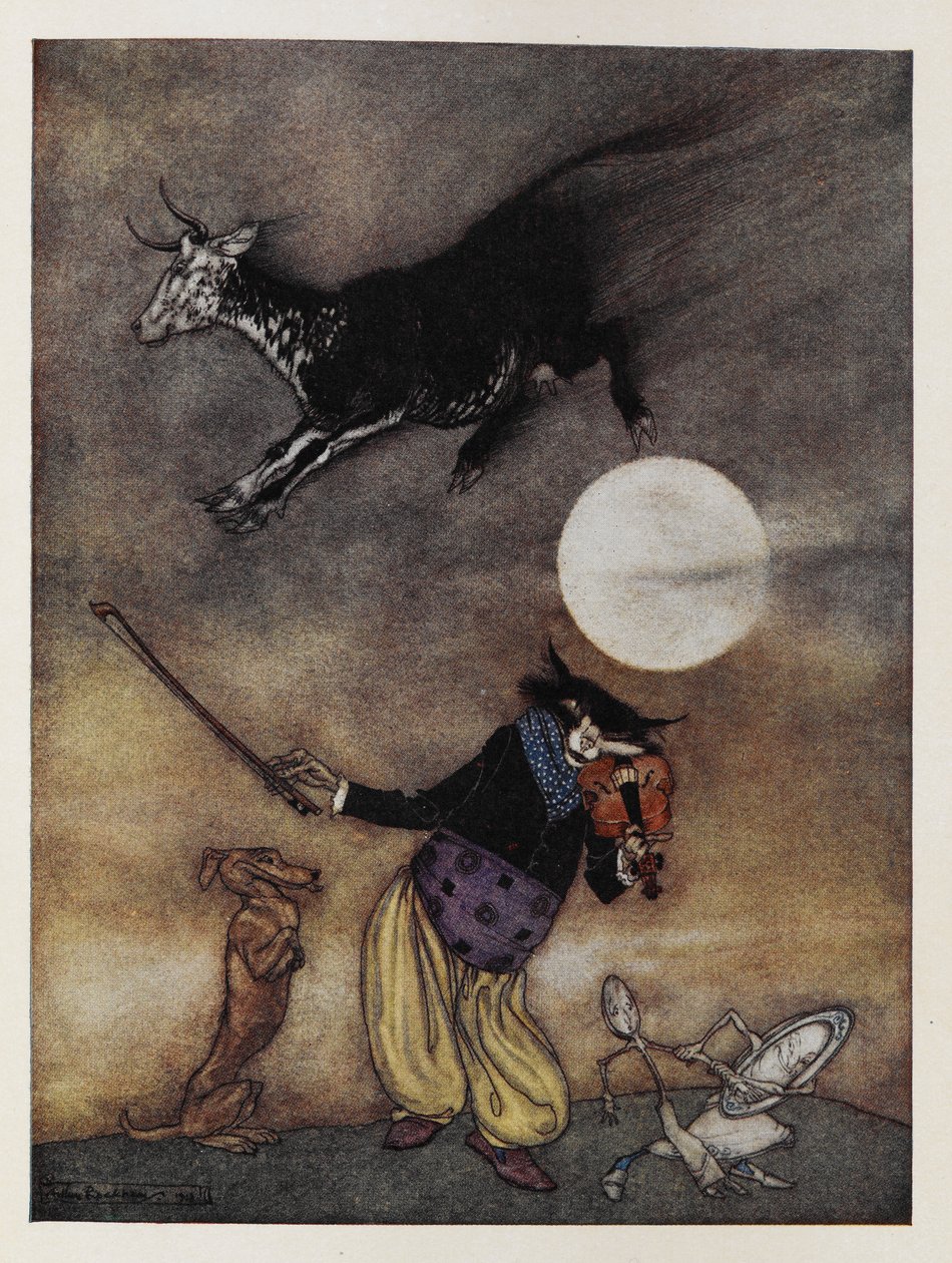 Kuvitus lastenloruun. Lehmä hyppää kuun yli. Kissa soittamassa viulua. Koira. Astia juoksee karkuun lusikalla. tekijältä Arthur Rackham