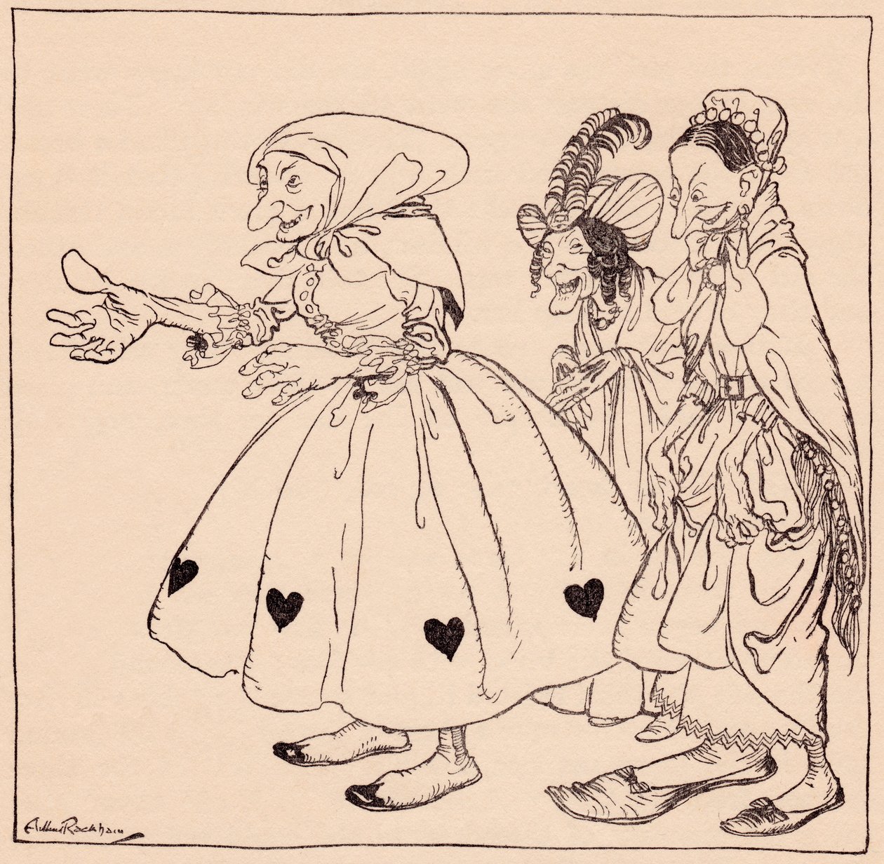 Mukaan tuli kolme upeimmalla tavalla pukeutunutta naista. Arthur Rackhamin kuvitus Grimmin sadusta, Kolme pyörivää naista. tekijältä Arthur Rackham