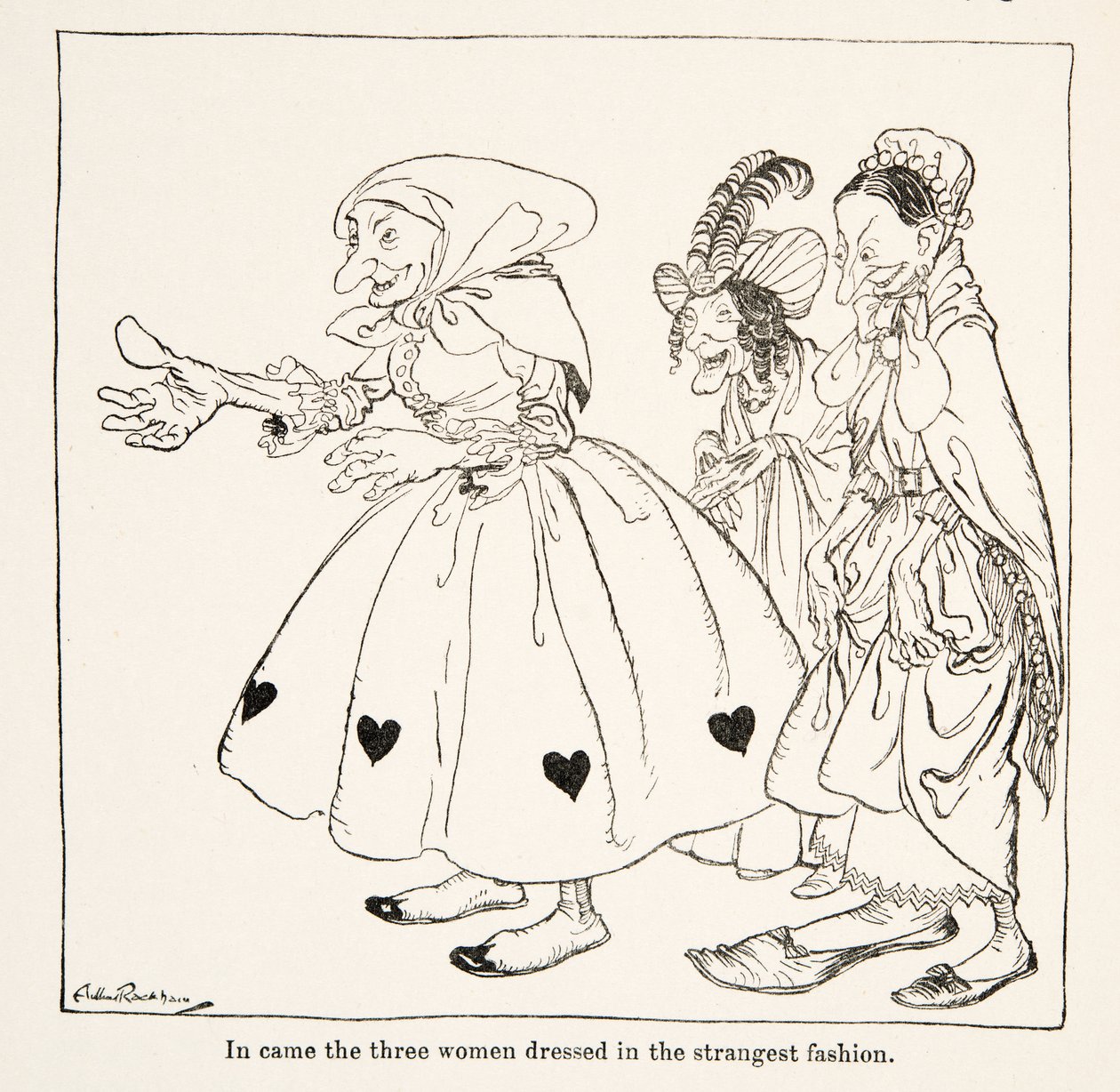 Mukaan tulivat kolme omituisimpaan pukeutunutta naista julkaisusta Little Brother & Little Sister and Other Tales by the Brothers Grimm, pub.1917 (litho) tekijältä Arthur Rackham