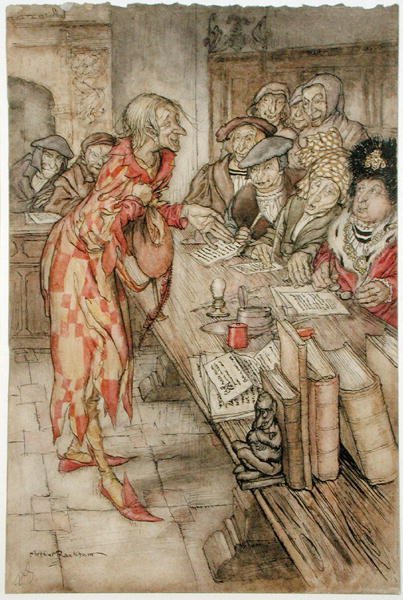 "Sisään tuli oudoin hahmo", kuvitus Robert Browningin (1812-89) teoksesta "The Pied Piper of Hamelin", julkaistu versio 1929 (akvarelli kynällä ja musteella paperille) tekijältä Arthur Rackham
