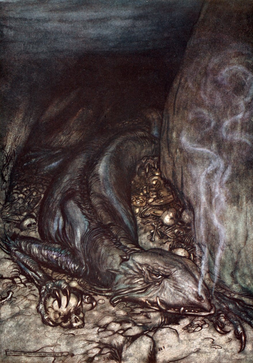 "Lohikäärmeen muodossa oleva Fafner tarkkailee nyt aarretta", 1924. tekijältä Arthur Rackham