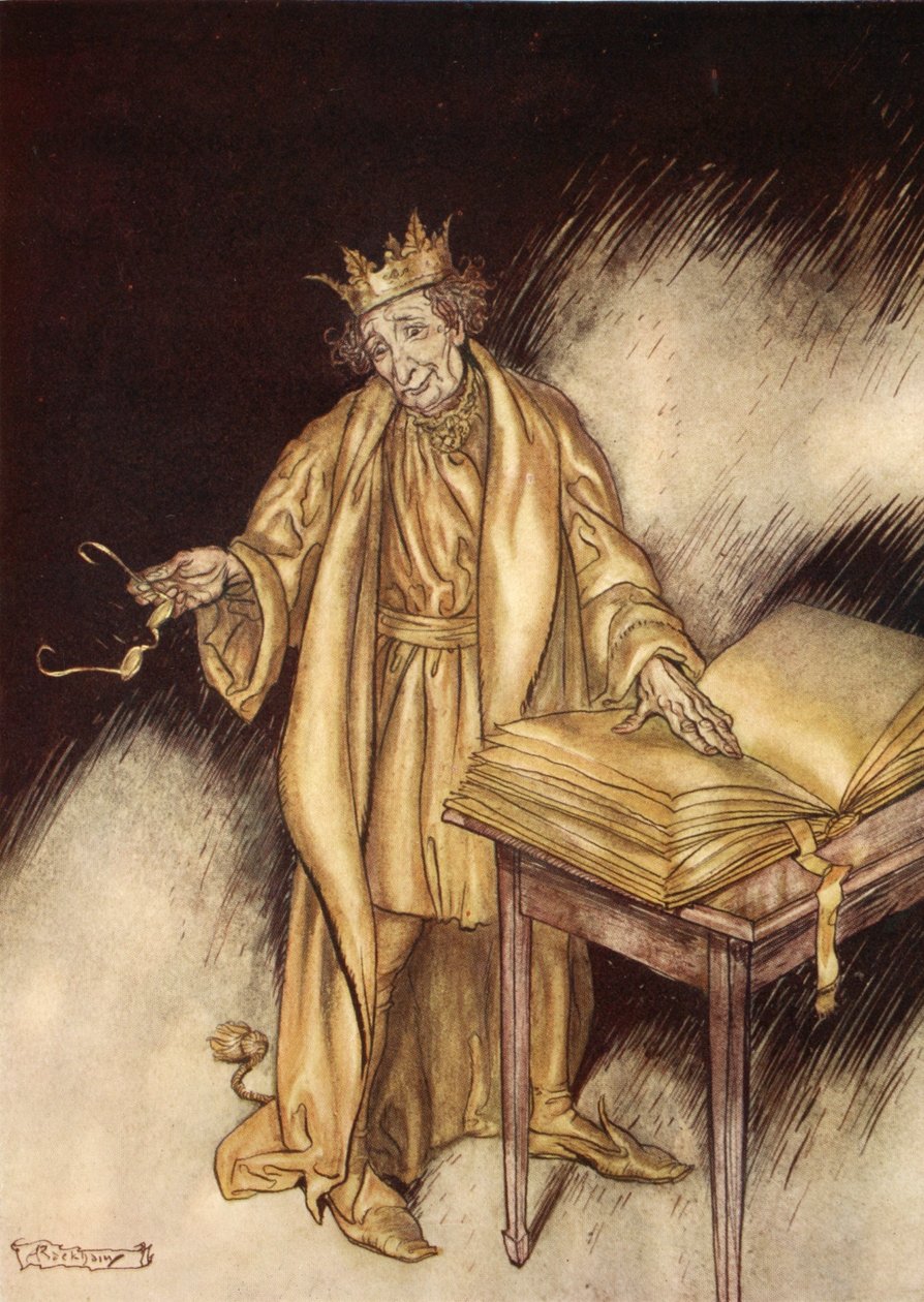 Se tuntui Midasille melko epämukavalta, kuvitus Nathaniel Hawthornen "Ihmekirjasta tytöille ja pojille", 1928 tekijältä Arthur Rackham