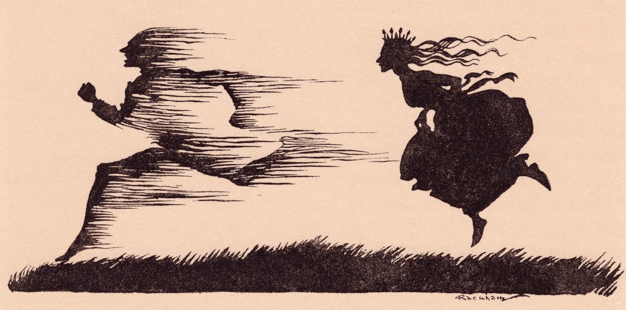 Ihan kuin tuuli olisi vihellyttänyt ohi. Arthur Rackhamin kuvitus Grimmin sadusta, Kuinka kuusi miestä pärjäsi maailmassa. tekijältä Arthur Rackham
