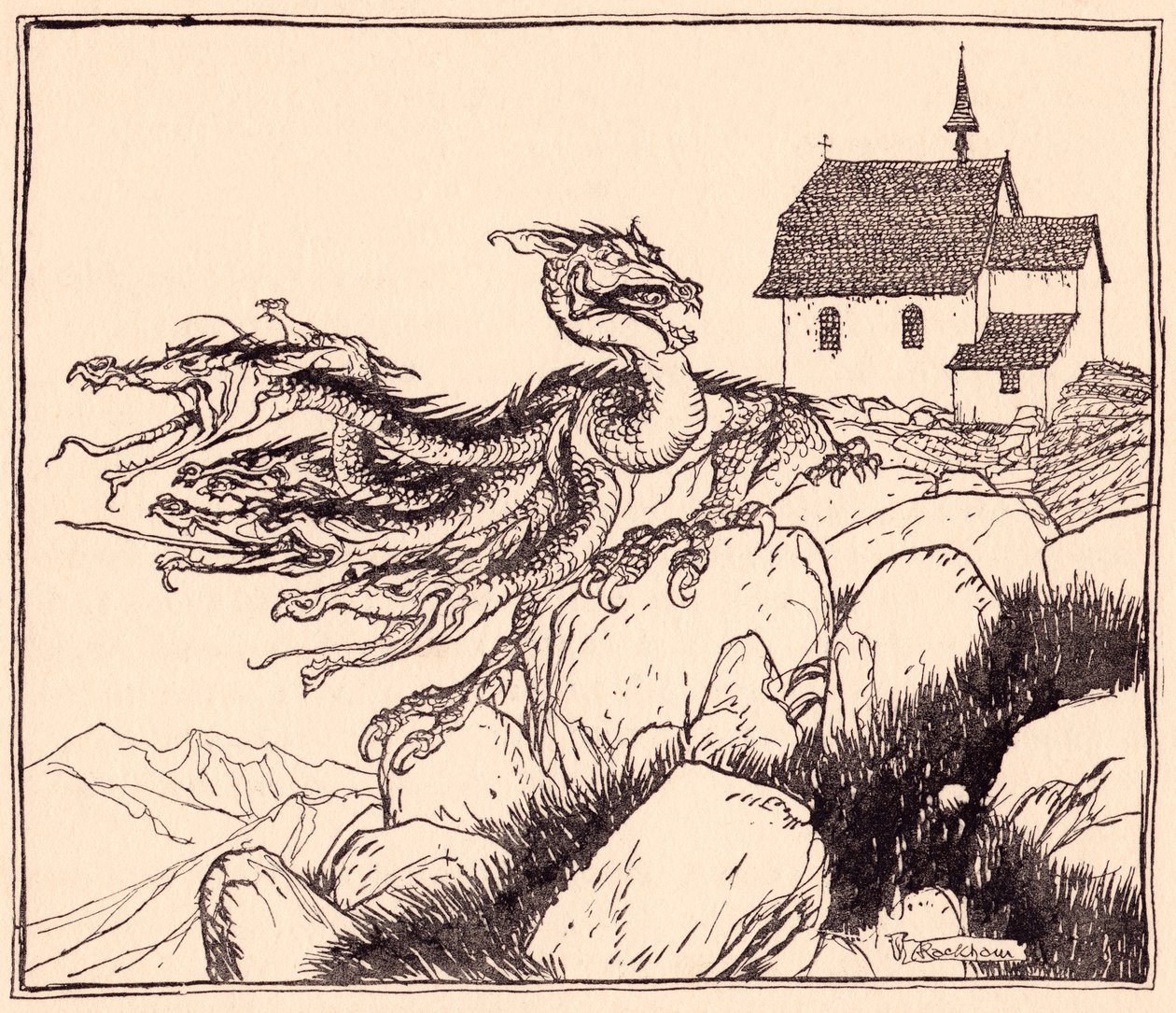 Ei kestänyt kauaa, kun seitsemänpäinen lohikäärme tuli äänekkäästi karjuen. Arthur Rackhamin kuvitus Grimmin sadusta, Kaksi veljestä. tekijältä Arthur Rackham