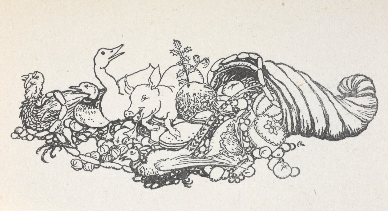 Sarven muotoisesta roiskuvia esineitä joulujuhlasta. Mukana jouluvanukas, makkarat, kalkkuna, sika, ankka, fasaani, piirakka ja hedelmiä. tekijältä Arthur Rackham