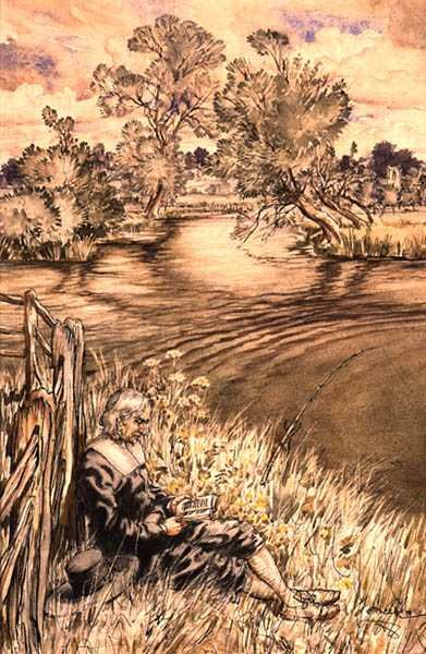 Izaak Walton lepää aitaa vasten, yksi kuvasarjasta Izaak Walton, 