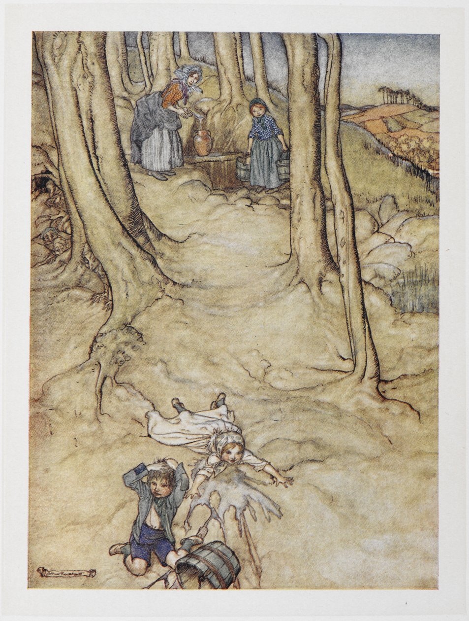 "Jack ja Jill". Kaksi lasta putoaa mäeltä. Jill kaataa vesiastian, kun Jack kolahtaa päätään. tekijältä Arthur Rackham
