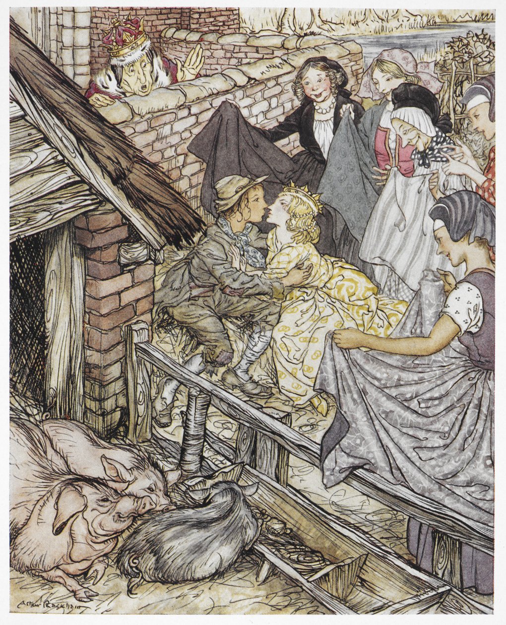 "Juuri kun sikapaimen otti kahdeksankymmentäkuudennen suudelman", Hans Christian Andersenin kuvitus teokselle "Sikapaimen" tekijältä Arthur Rackham