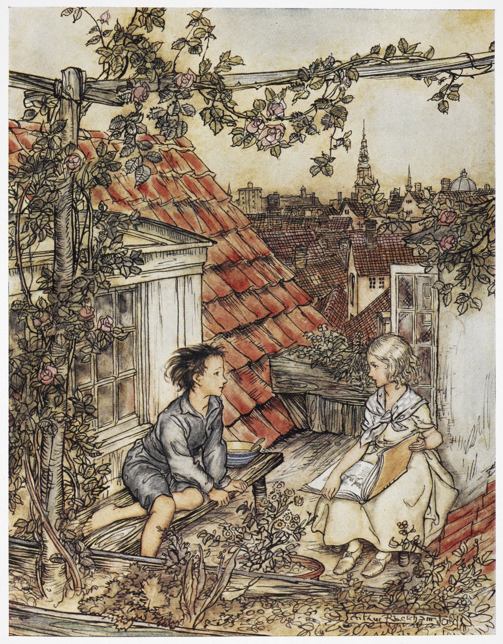 "Kay ja Gerda puutarhassaan korkealla katolla". Kaksi lasta istumassa talon katolla. Kuvitus "pienelle tytölle ja pienelle pojalle". tekijältä Arthur Rackham