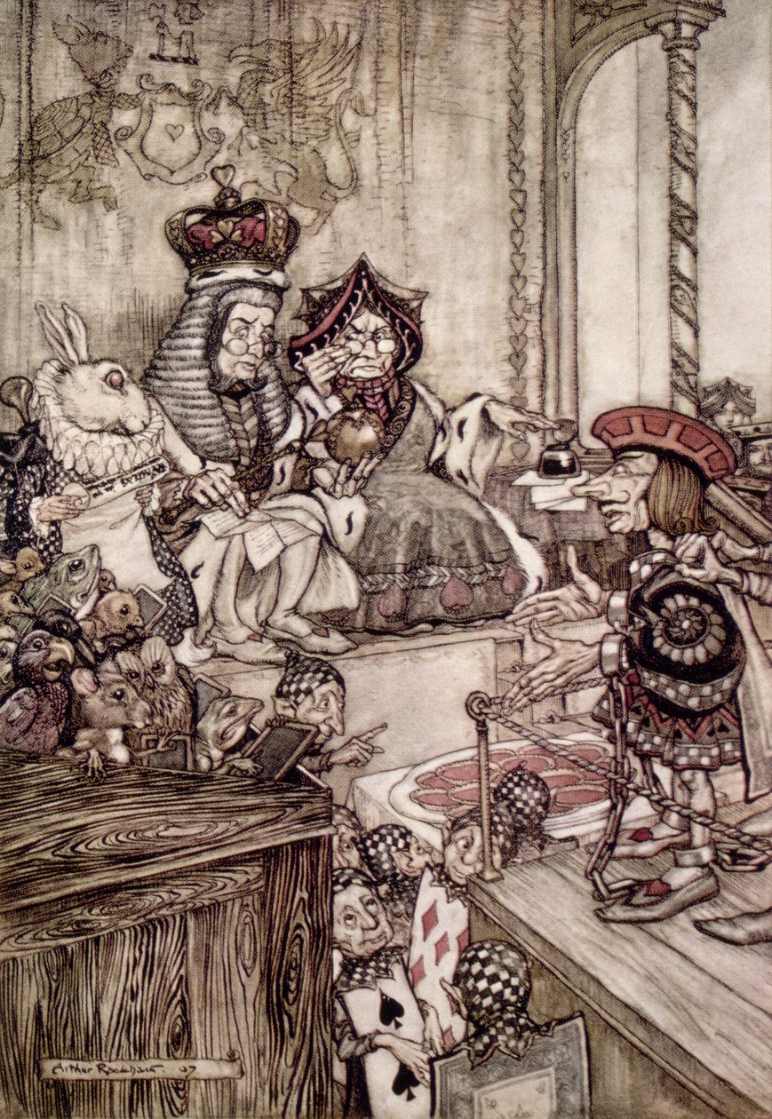 Roisto sydämien kuninkaan ja kuningattaren edessä, kuvitus Lewis Carrollin (1832-98) teokseen "Liisan seikkailut ihmemaassa" 1907 tekijältä Arthur Rackham