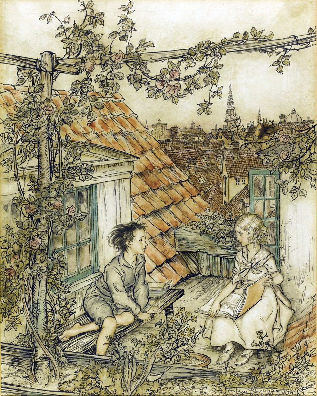 La Reine des neiges - Kay ja Gerda puutarhassaan korkealla katolla. Kuvitus tarinaan Lumikuningatar par Rackham, Arthur (1867-1939) tekijältä Arthur Rackham