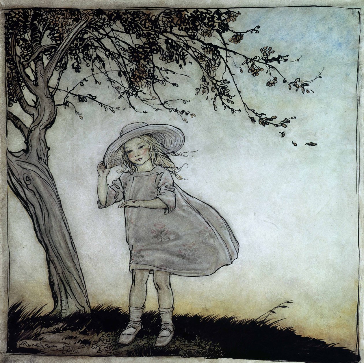 Ladybird, Ladybird Fly Away Away Home, kuva Mother Goose, Old Nursery Rhymes, julkaistu 1913 (kynä ja muste & wc paperilla) tekijältä Arthur Rackham