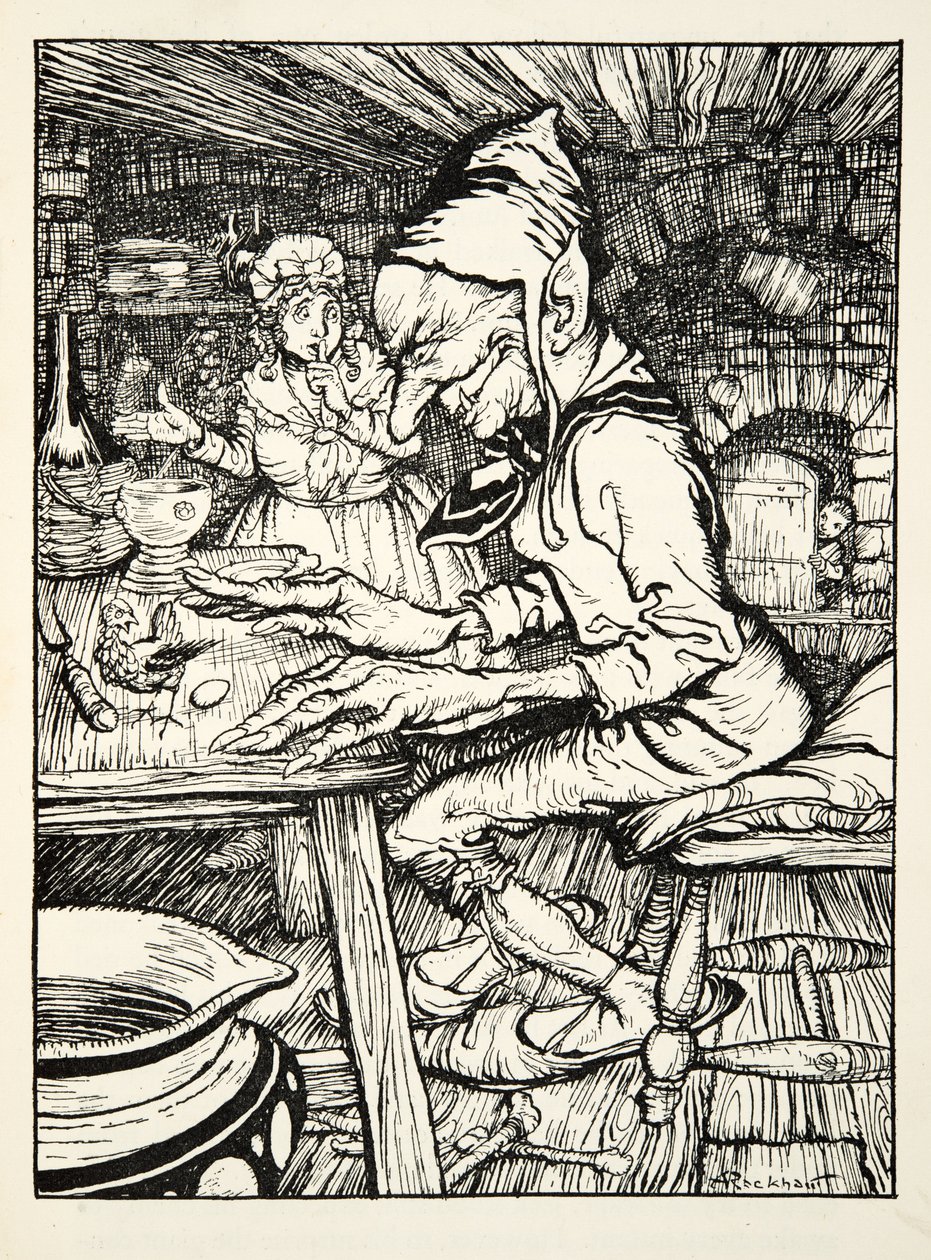 Lay!, karjui jättiläinen ja sitten kana muni heti kultaisen munan, The Arthur Rackham Fairy Book, pubista. 1933 tekijältä Arthur Rackham