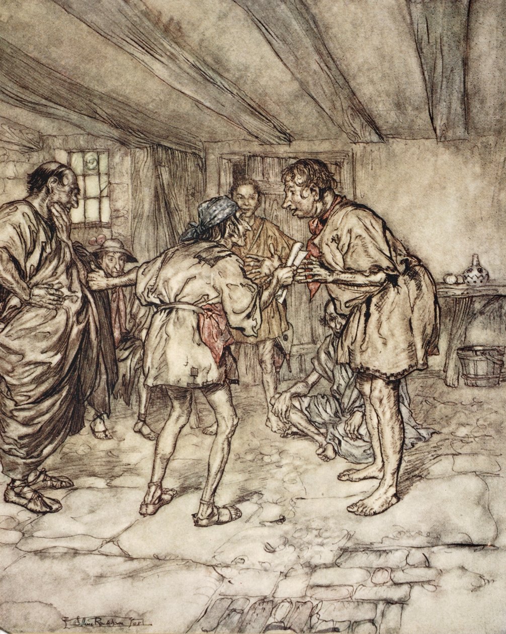 Anna minunkin soittaa leijonaa, kuvitus William Shakespearen teoksesta "Kesäyön unelma", 1908 tekijältä Arthur Rackham