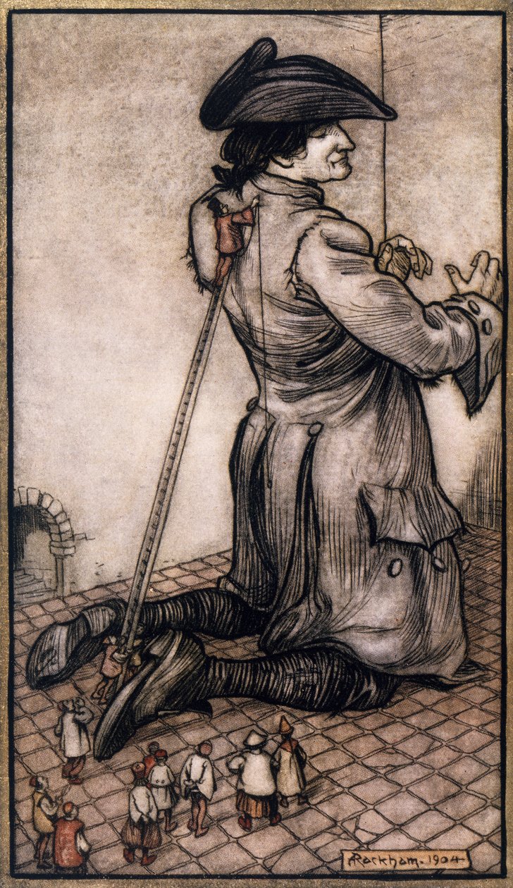 Lilliputilaiset räätälit mittaamassa Gulliveria tehdäkseen hänelle uutta pukua, Arthur Rackhamin (1867-1939) kuvitus Jonathan Swiftin (Dublin) teoksesta Gulliver