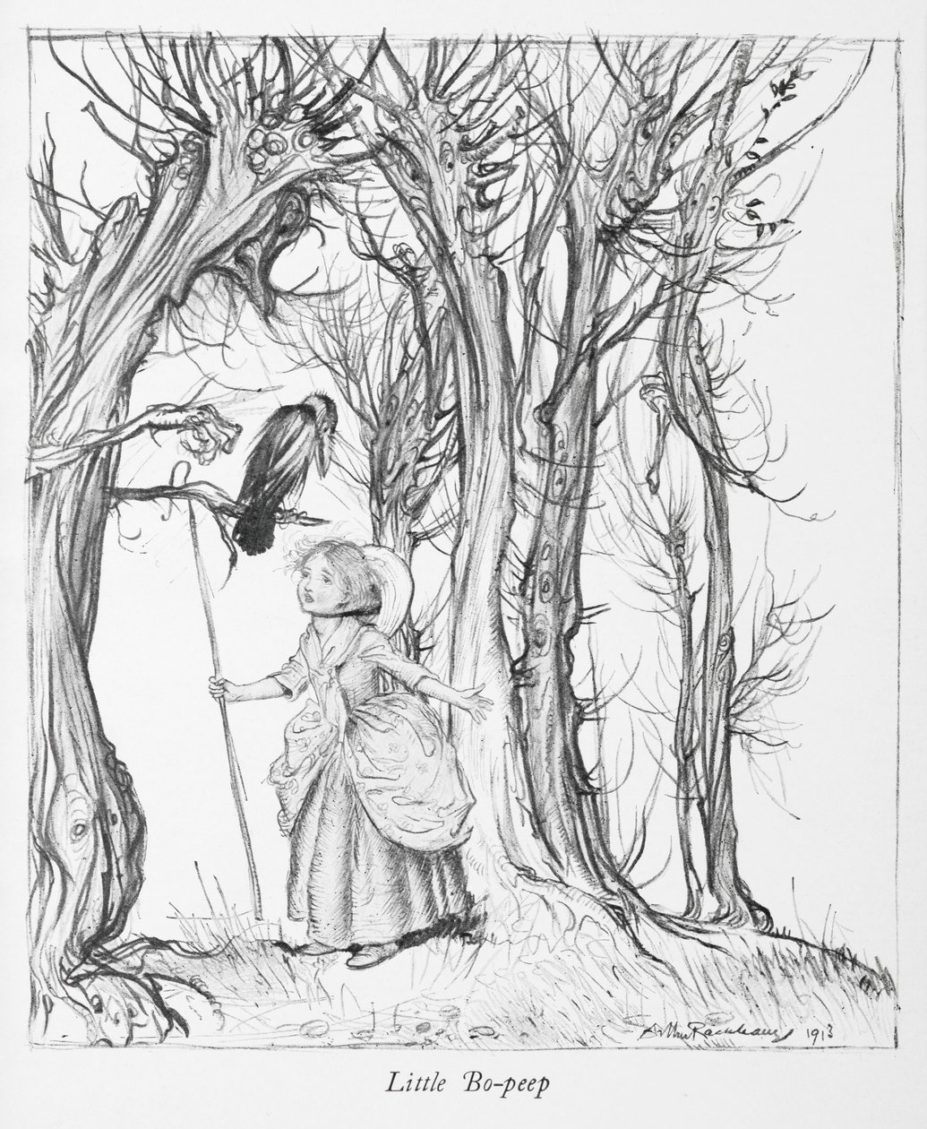 Pikku Bo-piikki metsässä linnun kanssa. tekijältä Arthur Rackham