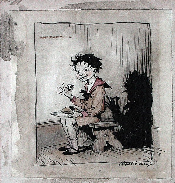 Little Jack Horner, kuvitus teoksesta "Mother Goose, The Old Nursery Rhymes", julkaistu 1913 (kynä ja muste ja akvarelli paperille) tekijältä Arthur Rackham