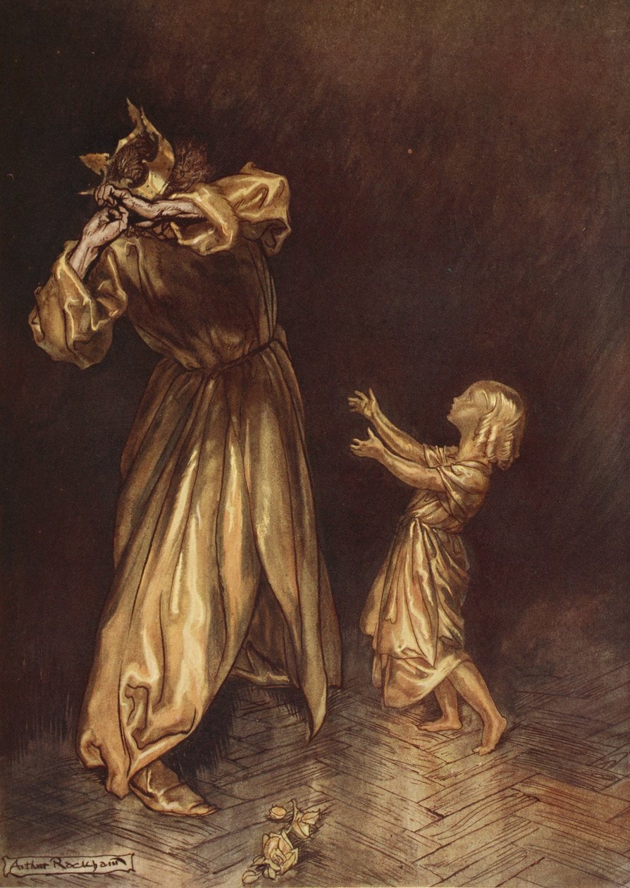 Little Marygold oli kultainen patsas, kuvitus Nathaniel Hawthornen "Ihmekirjasta tytöille ja pojille", 1928 tekijältä Arthur Rackham