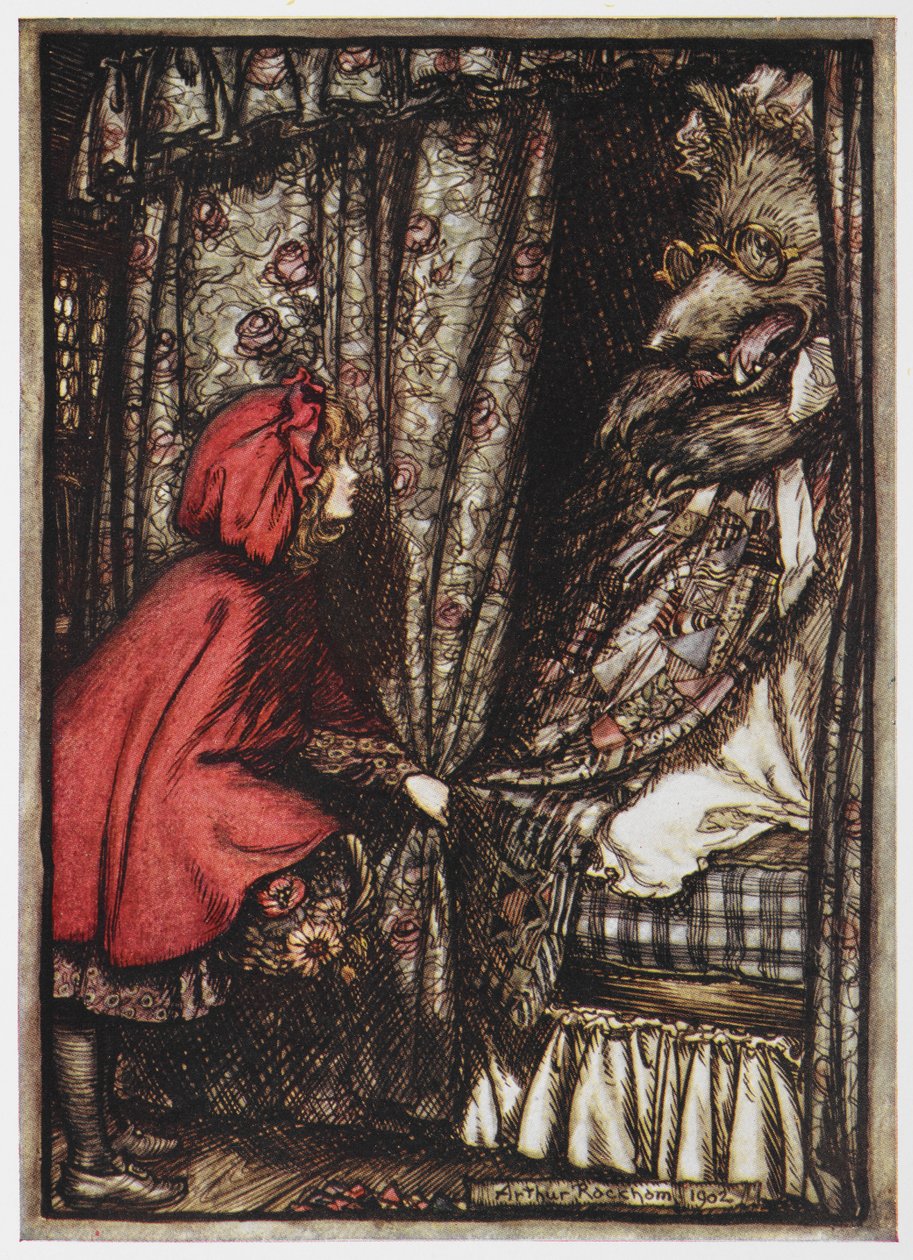 Little Red Riding and the Wolf pukeutunut hänen isoäitinsä. tekijältä Arthur Rackham
