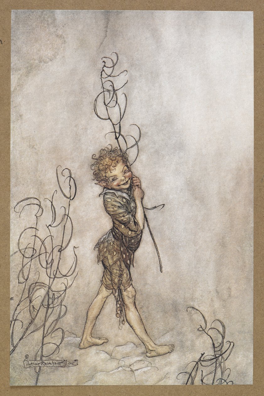 "Herra, mitä typeriä nämä kuolevaiset ovat!" Kiekko. Kohtaus Kesäyön unelmasta. tekijältä Arthur Rackham